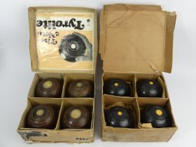 Two old boxed sets of bowling ball woods. UK Postage £20.