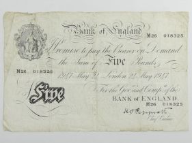 1947 Bank of England white five pounds note Peppiatt. UK Postage £5.