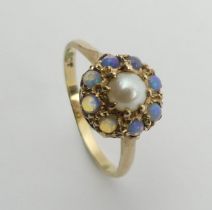 9ct gold split pearl and opal cluster ring, 2.9 grams, 10.8mm, size R. UK Postage £12.