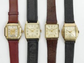 Four manual wind gents square face watches on leather straps. UK Postage £12.
