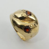 9ct gold snake head design ring with garnet eyes, Birm. 1975, 4.3 grams, 14.6mm, size L. UK