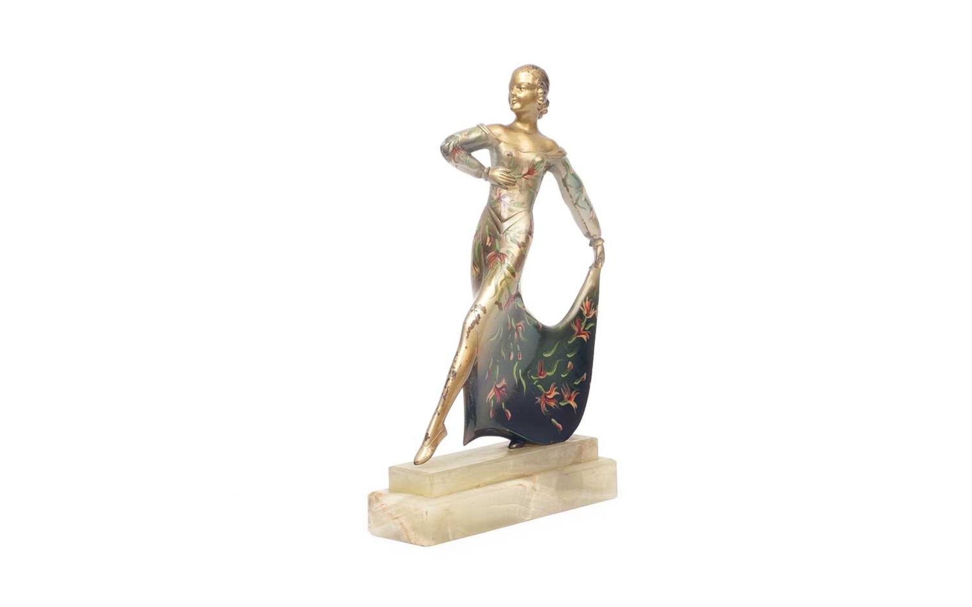 AN ART DECO PERIOD COLD PAINTED BRONZE AND ONYX FIGURE OF A DANCING GIRL - Image 2 of 4