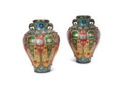 A PAIR OF CHINESE ARCHAIC STYLE CLOISONNE ENAMEL AND BRONZE VASES