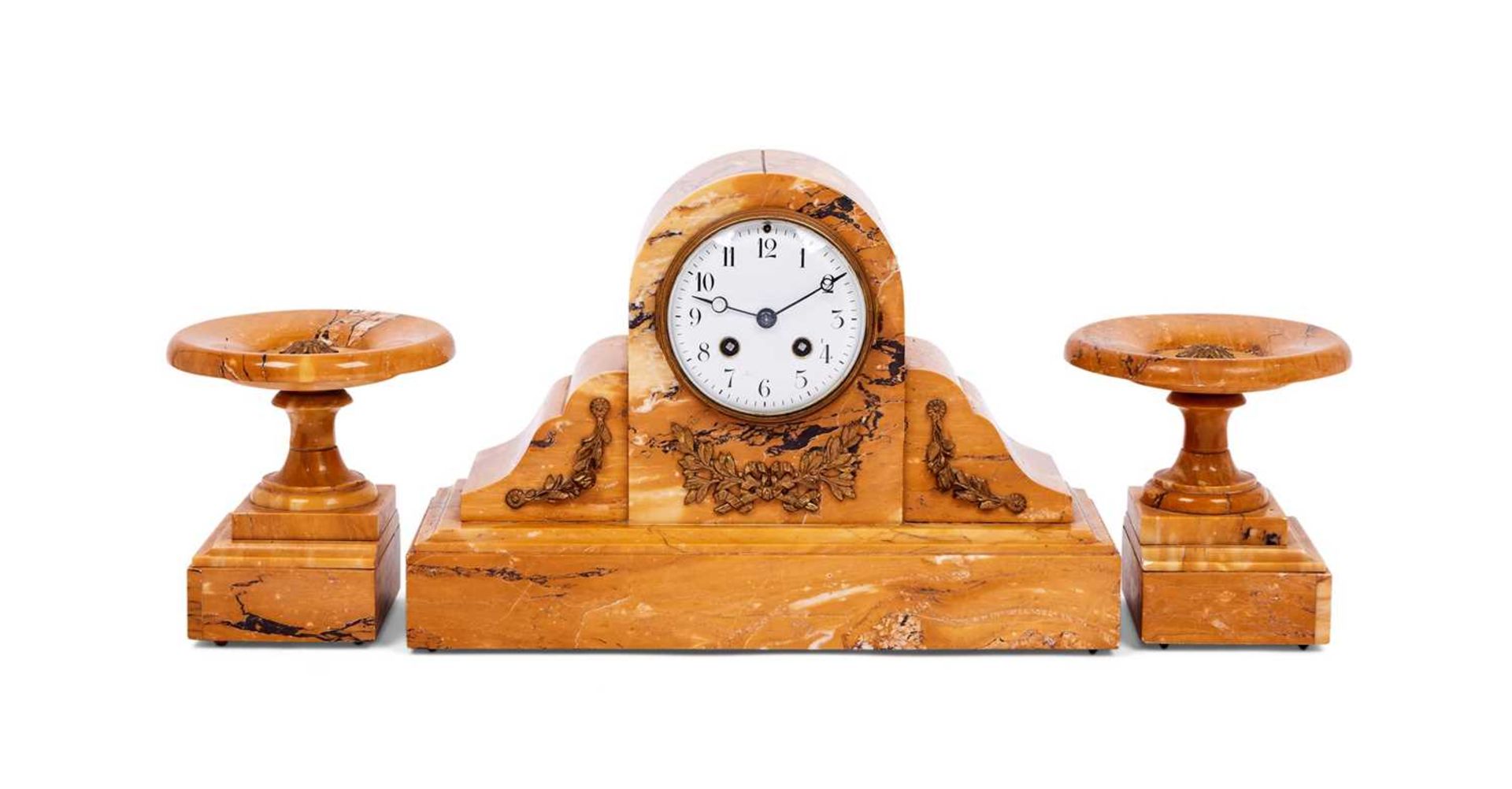 A LATE 19TH CENTURY FRENCH SIENNA MARBLE CLOCK GARNITURE