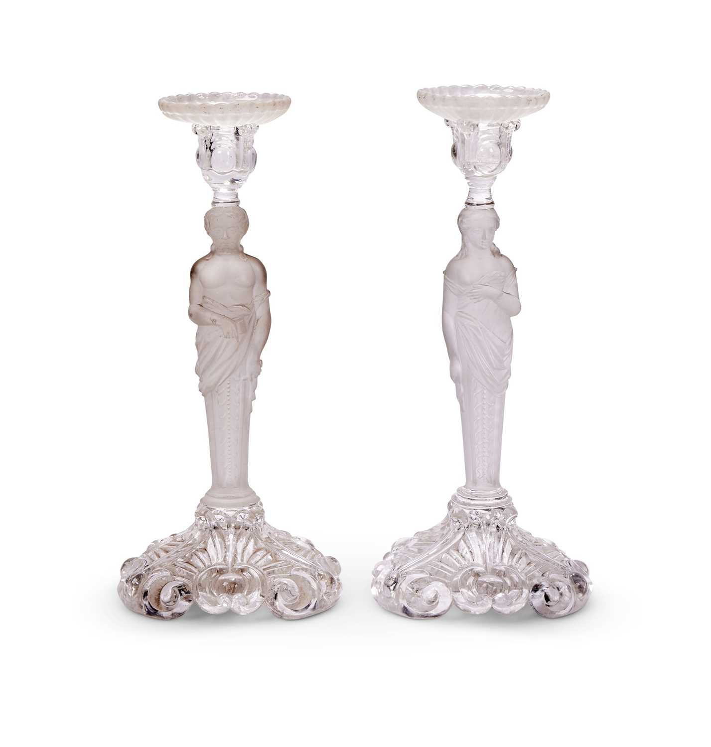ATTRIBUTED TO BACCARAT: A PAIR OF EARLY 20TH CENTURY FROSTED GLASS FIGURAL CANDLESTICKS