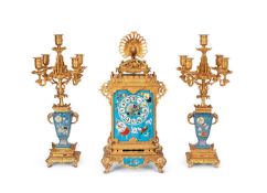 ATTRIBUTED TO L'ESCALIER DE CRISTAL: A FINE LATE 19TH CENTURY ORMOLU AND PORCELAIN CLOCK GARNITURE