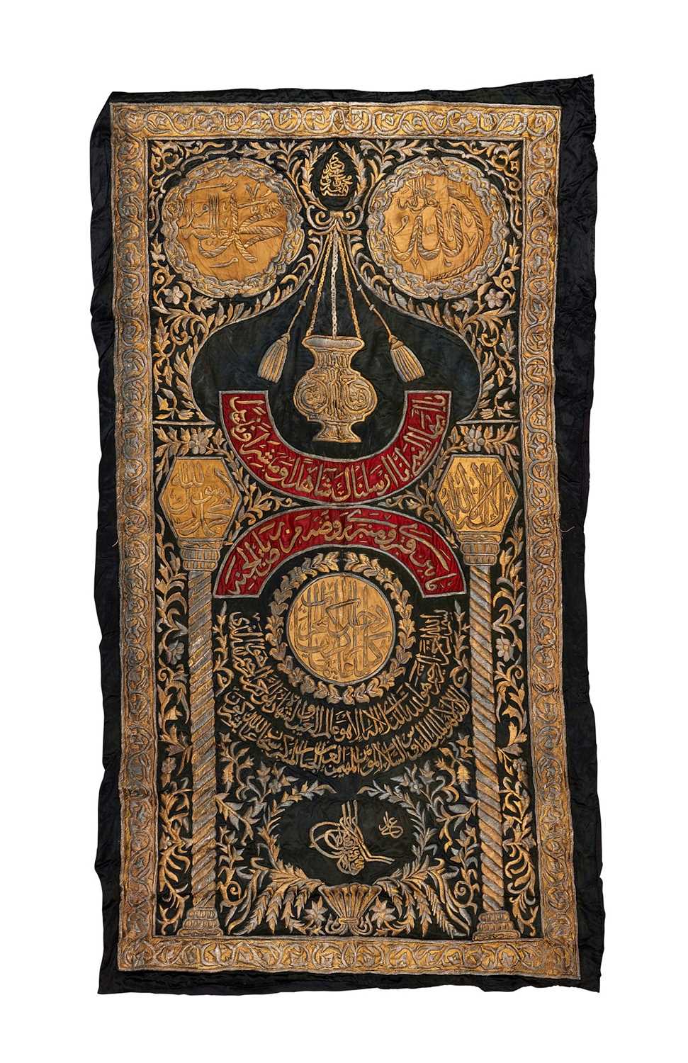 AN IMPORTANT OTTOMAN SILVER THREAD CURTAIN, WITH THE TUGHRA OF SULTAN MAHMUD II