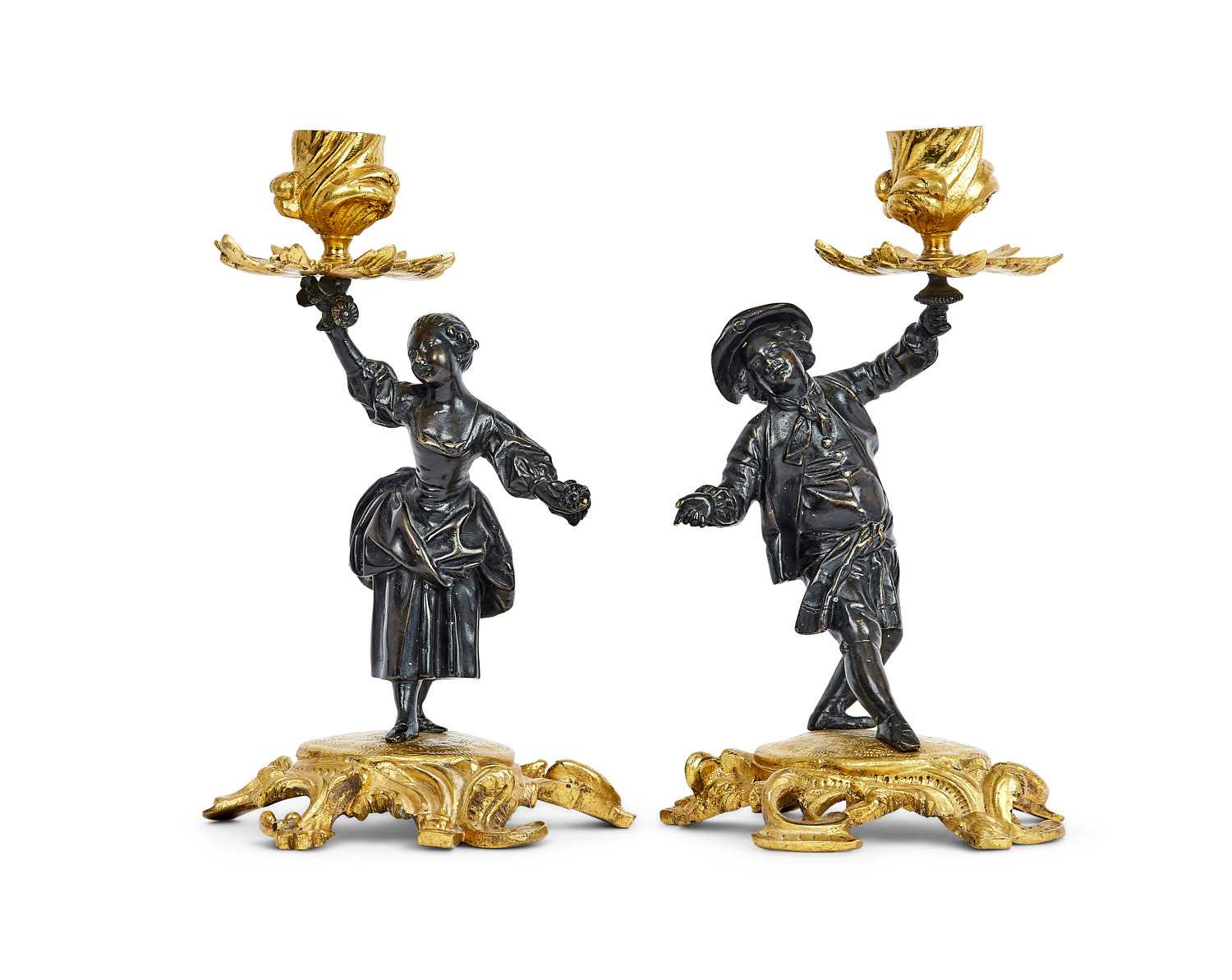 A PAIR OF ROCOCO REVIVAL GILT AND PATINATED BRONZE FIGURAL CANDLESTICKS CIRCA 1830