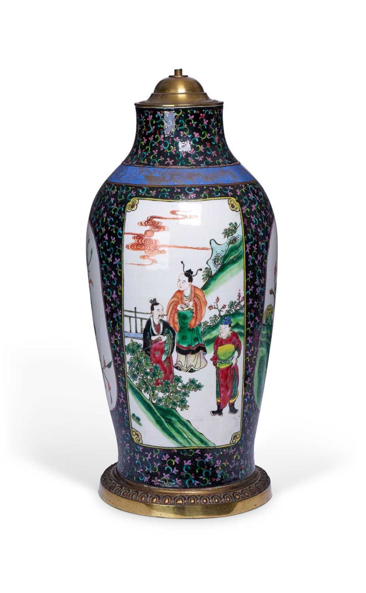 A LATE 19TH CENTURY CHINESE FAMILLE NOIR PORCELAIN VASE LAMP