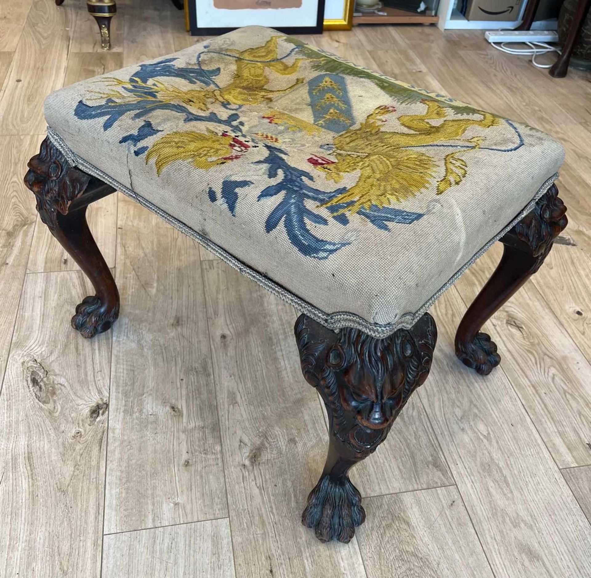 A 19TH CENTURY IRISH MAHOGANY FOOTSTOOL WITH THE ARMS OF THE EARLY OF DERBY - Image 5 of 10