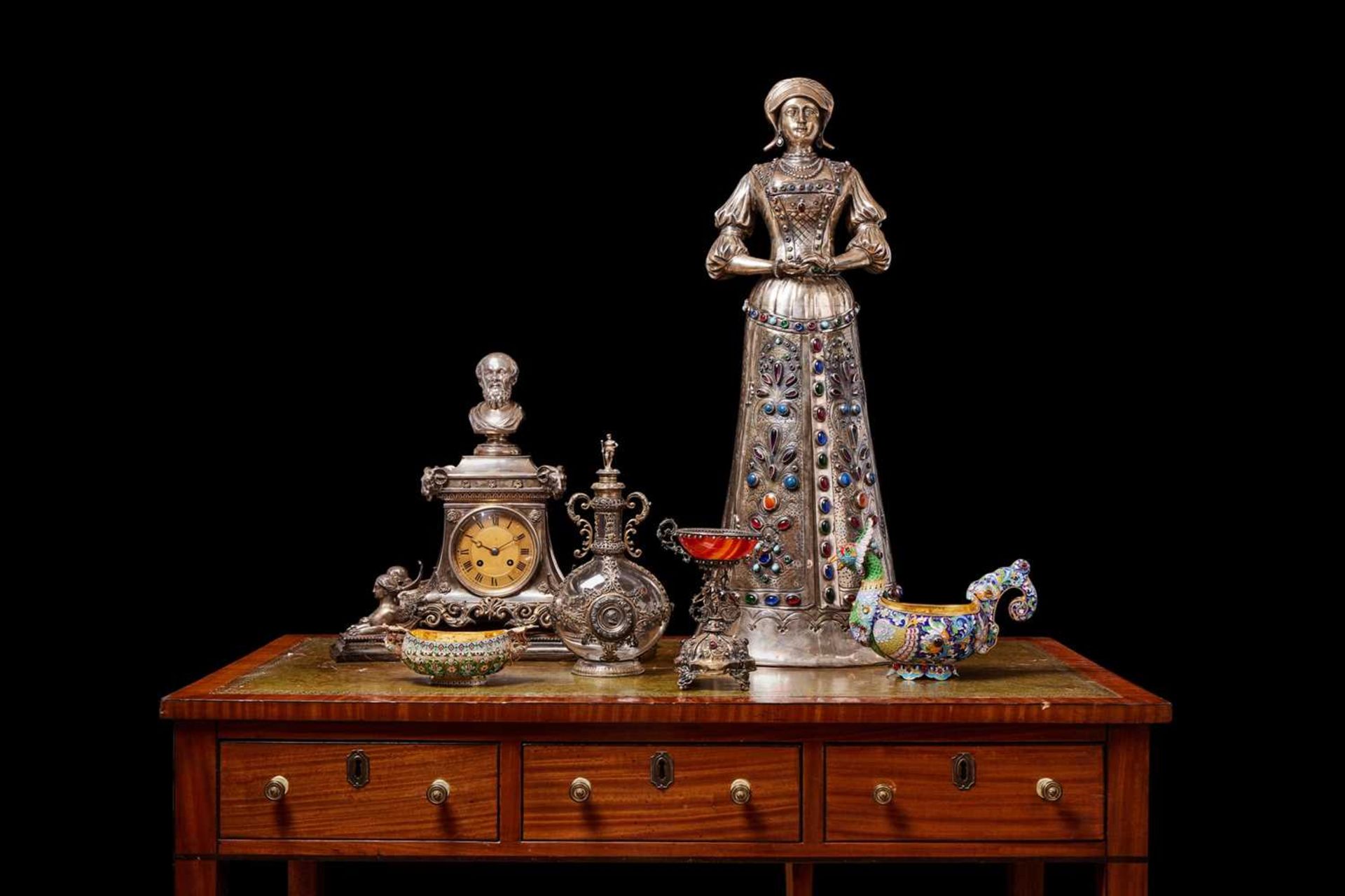 A MASSIVE SILVER AND GEM SET FIGURAL JEWEL CABINET, GERMAN, LATE 19TH CENTURY