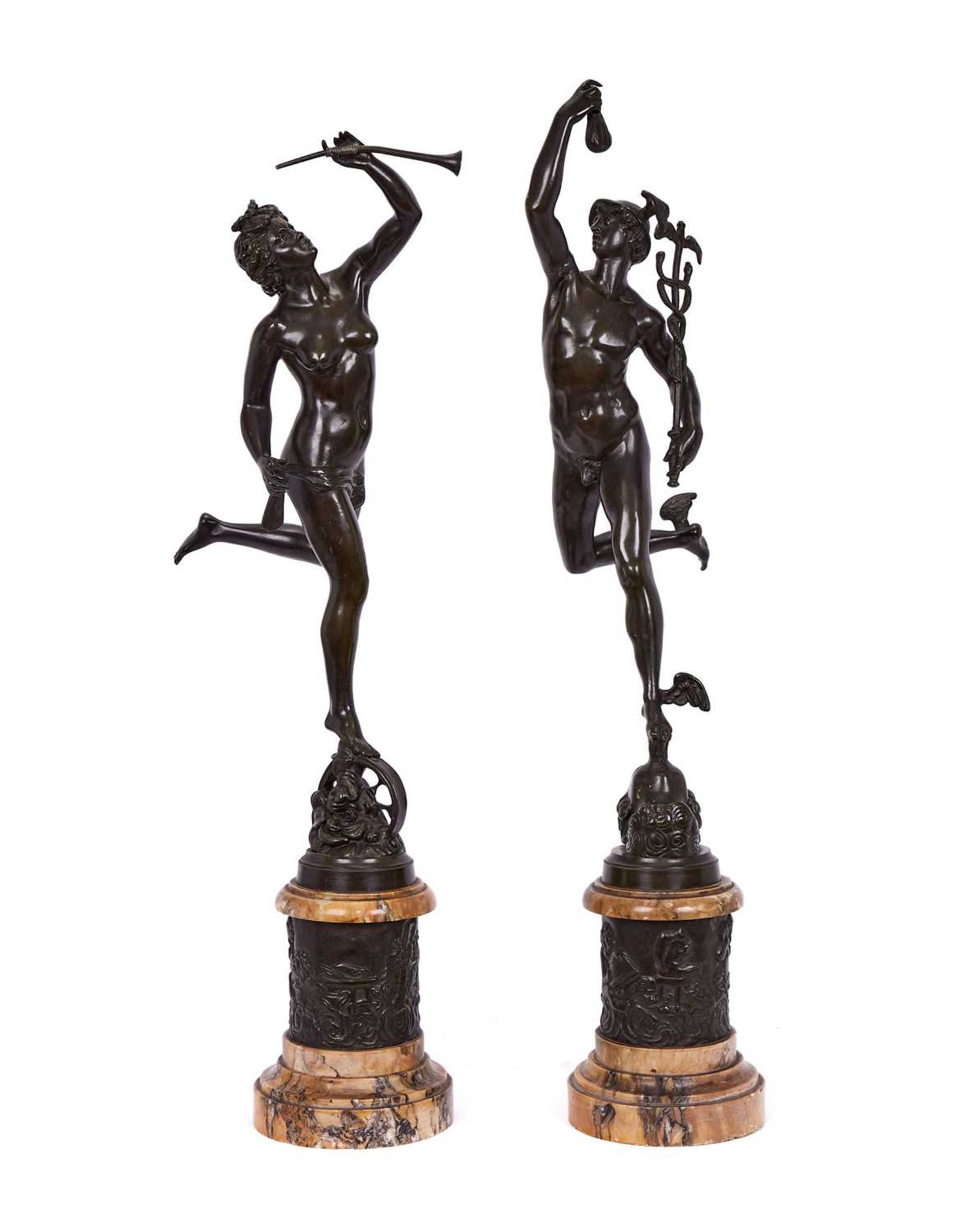 AFTER GIAMBOLOGNA (ITALIAN, 1529-1608): A PAIR OF 19TH CENTURY BRONZE FIGURES OF MERCURY AND FORTUNA