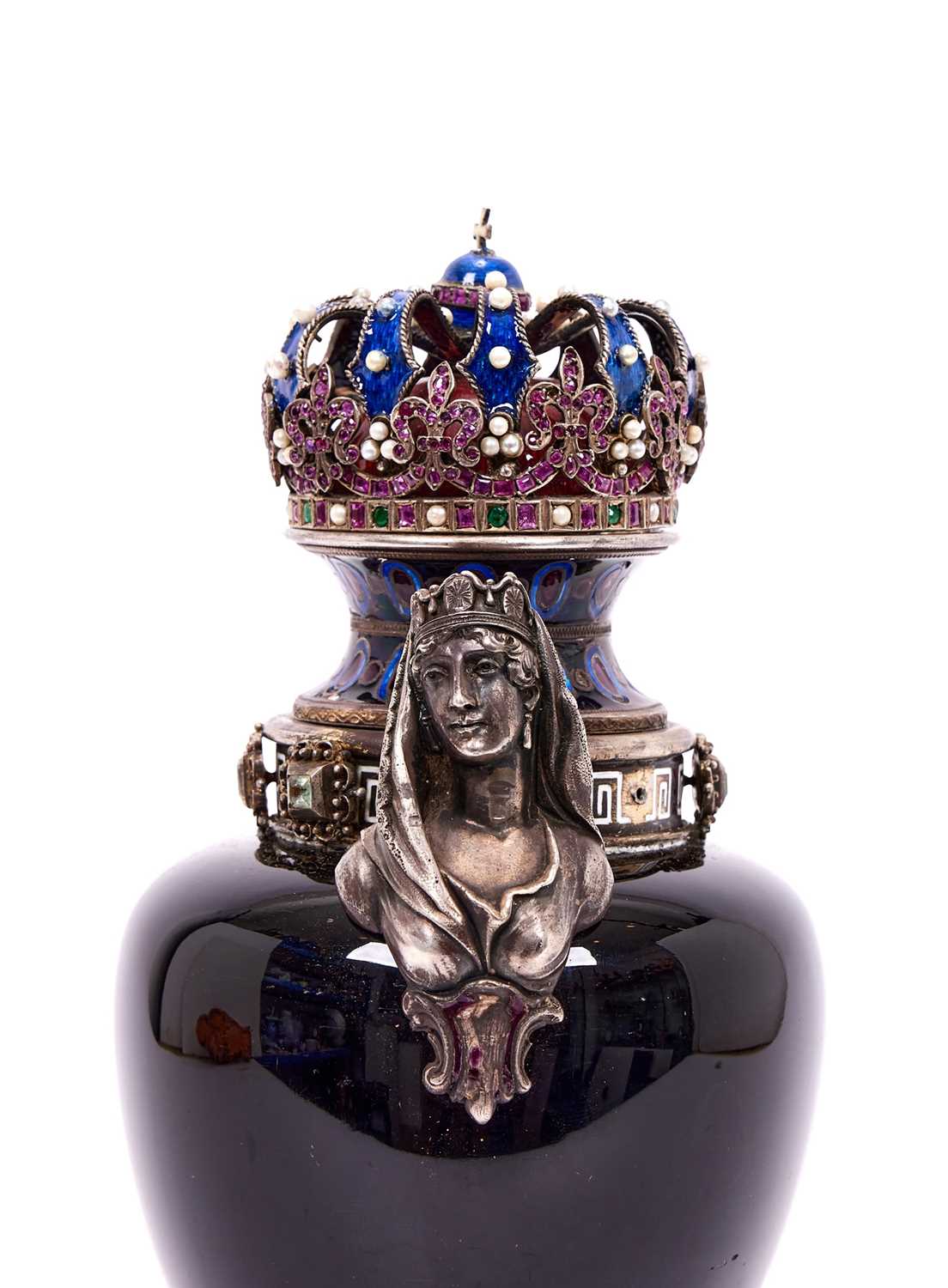 A FINE 19TH CENTURY VIENNESE ENAMEL, SILVER AND JEWELLED URN AND COVER OF ROYAL THEME - Image 10 of 12
