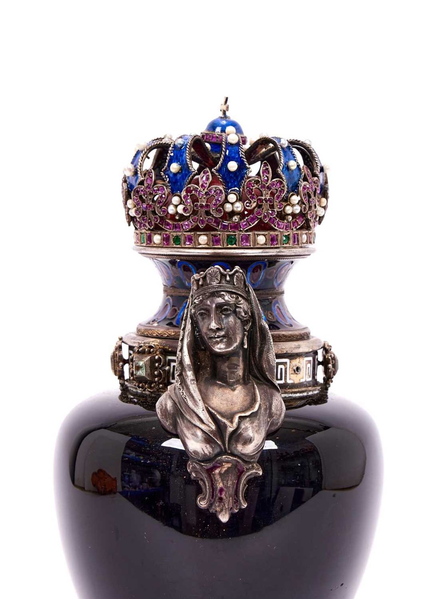 A FINE 19TH CENTURY VIENNESE ENAMEL, SILVER AND JEWELLED URN AND COVER OF ROYAL THEME - Image 10 of 12