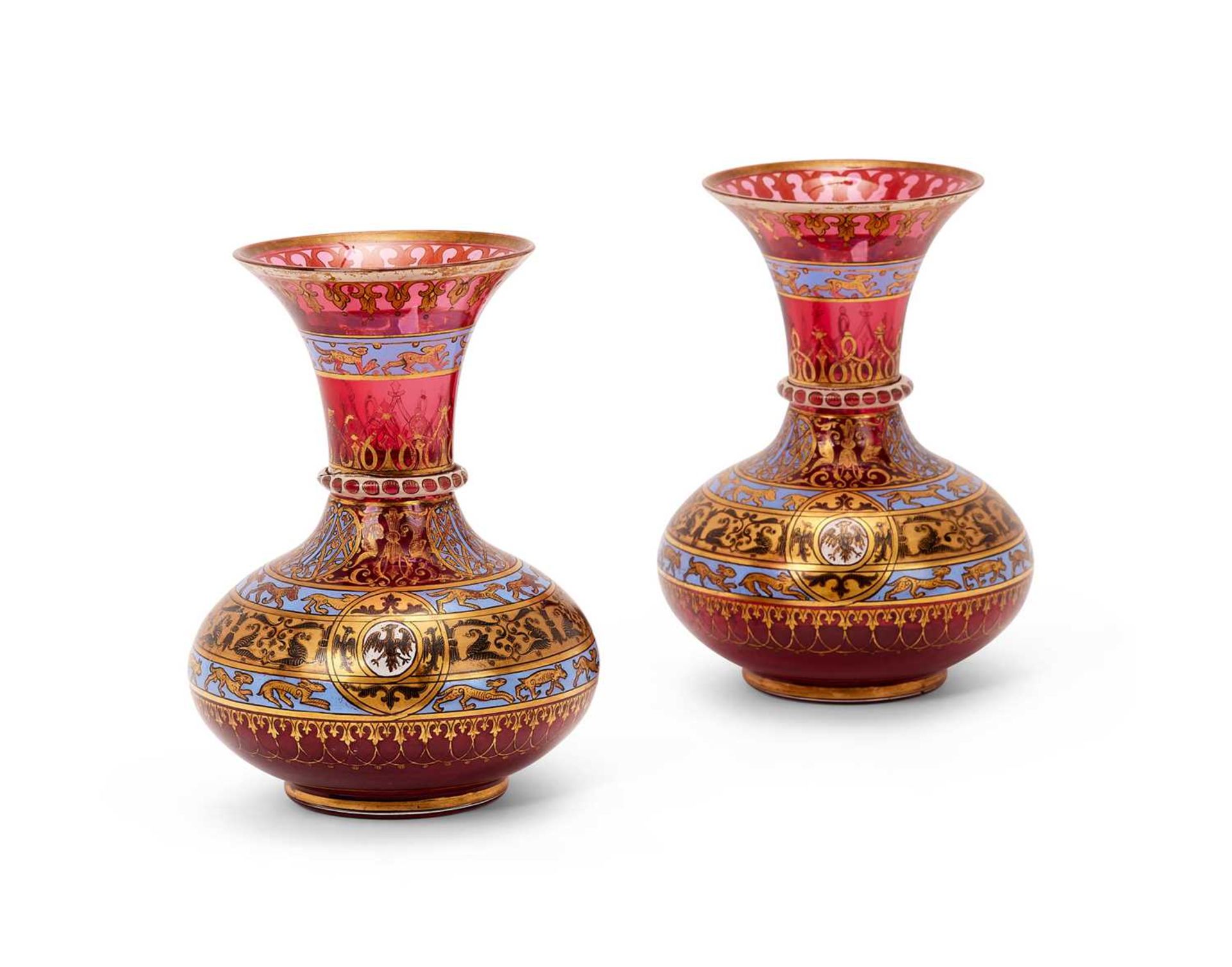 A FINE PAIR OF 19TH CENTURY ENAMELLED AND GILT DECORATED GLASS VASES FOR THE RUSSIAN MARKET