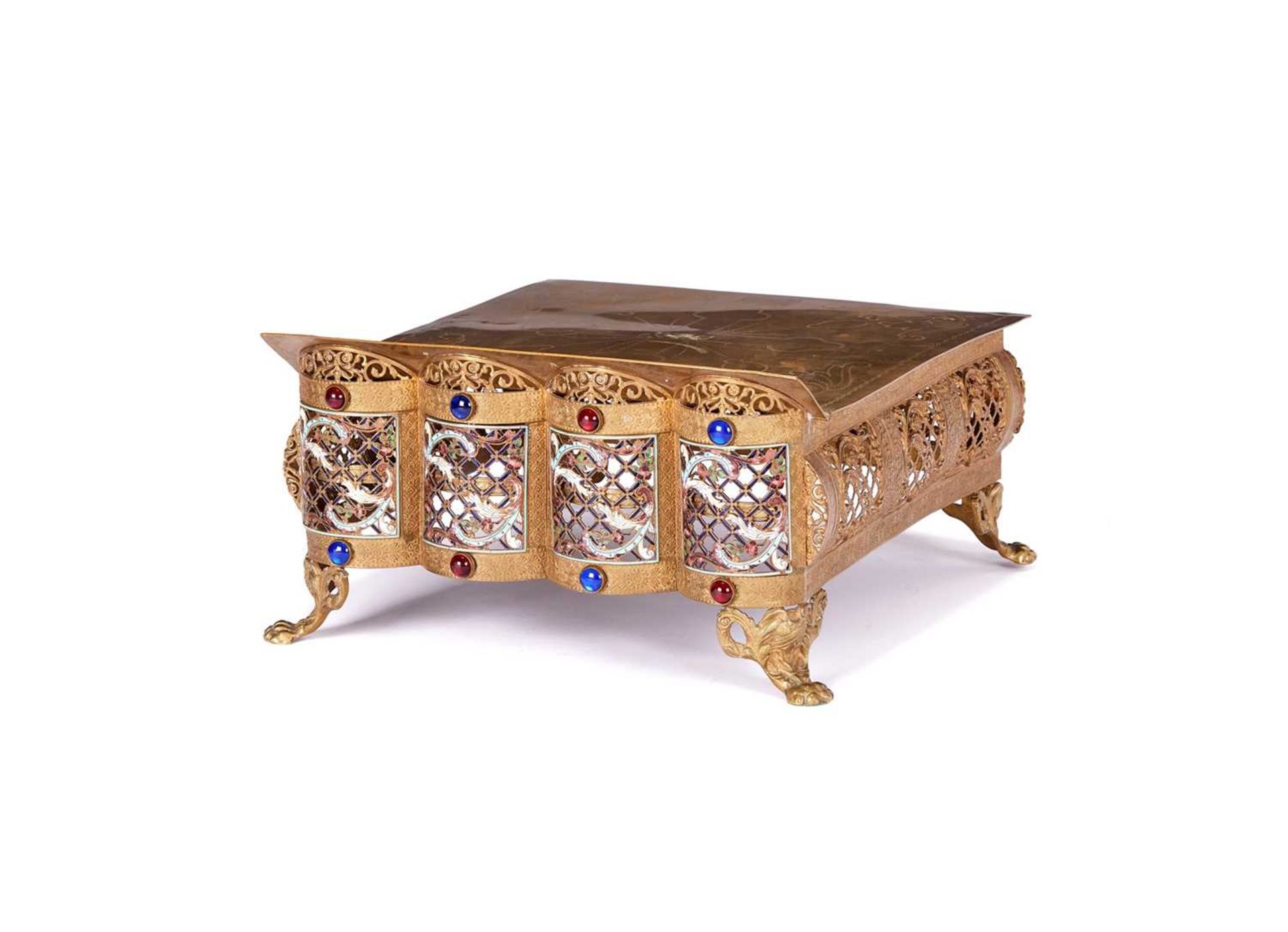 A LATE 19TH CENTURY FRENCH GILT BRASS, ENAMEL AND GEM SET BOOK STAND