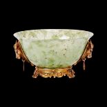 A SILVER GILT AND DIAMOND MOUNTED HARDSTONE BOWL IN THE STYLE OF FABERGE