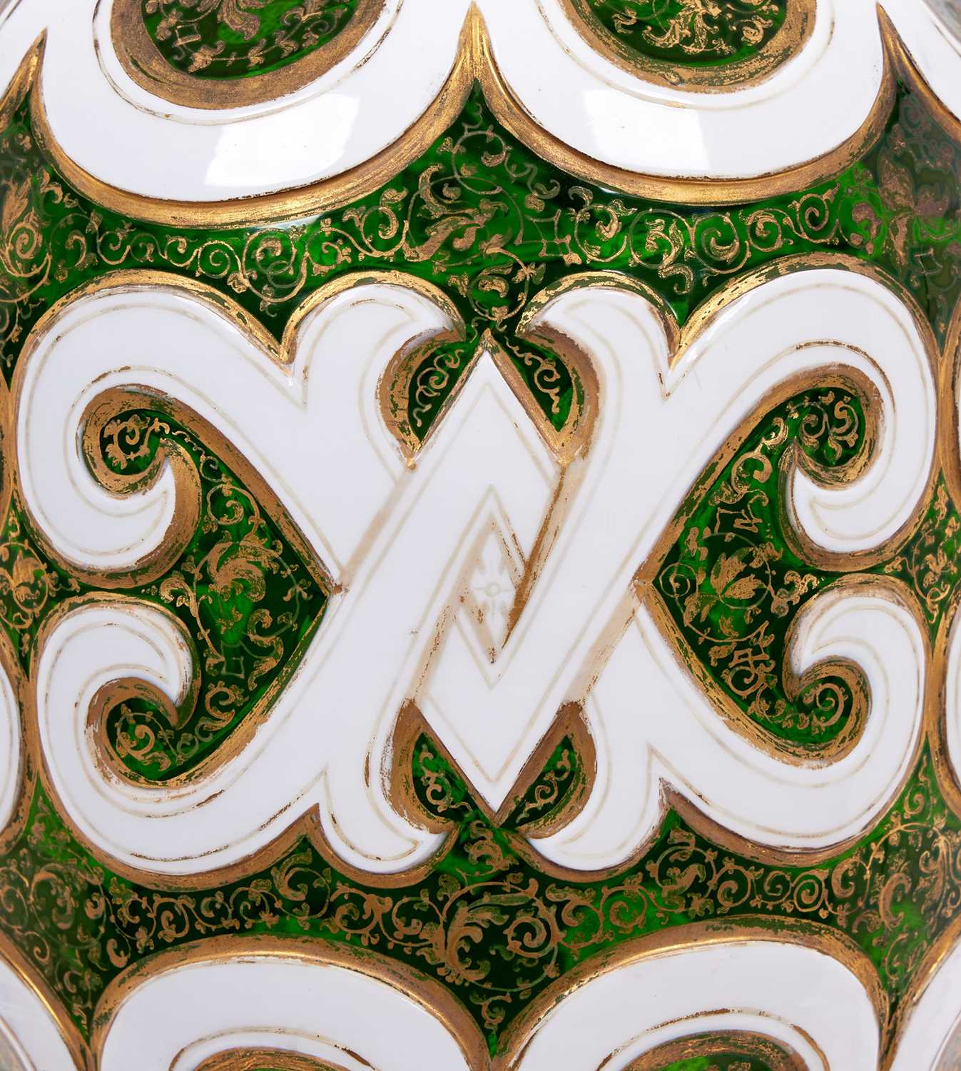 A LARGE 19TH CENTURY BOHEMIAN WHITE OVERLAY GREEN GLASS VASE ON STAND - Image 2 of 3