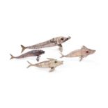FOUR SILVER AND SILVERED METAL ARTICULATED MODELS OF FISH, 20TH CENTURY, SPANISH