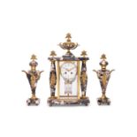 AN EARLY 20TH CENTURY FRENCH COLOURED MARBLE CLOCK GARNITURE