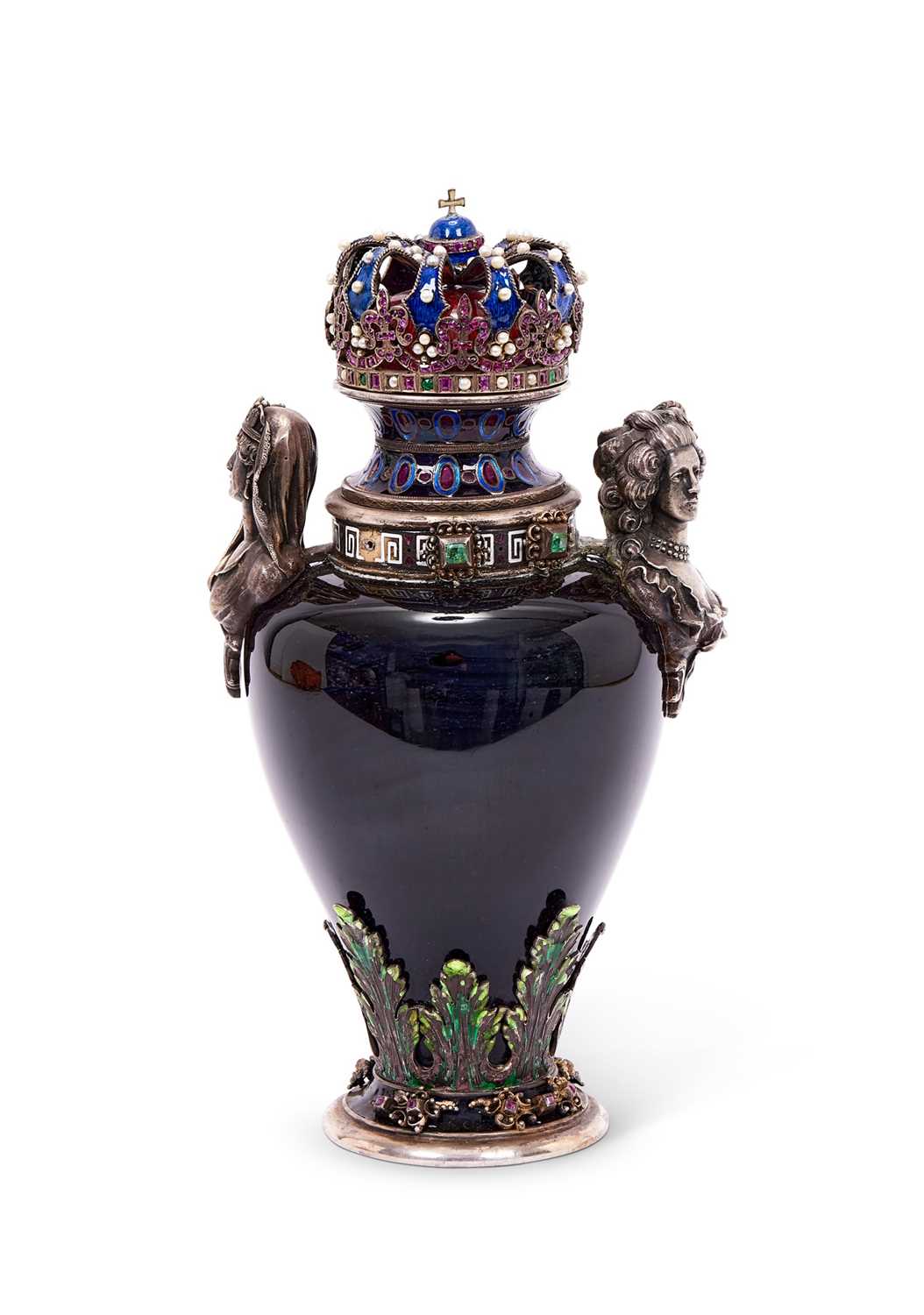 A FINE 19TH CENTURY VIENNESE ENAMEL, SILVER AND JEWELLED URN AND COVER OF ROYAL THEME - Image 2 of 6