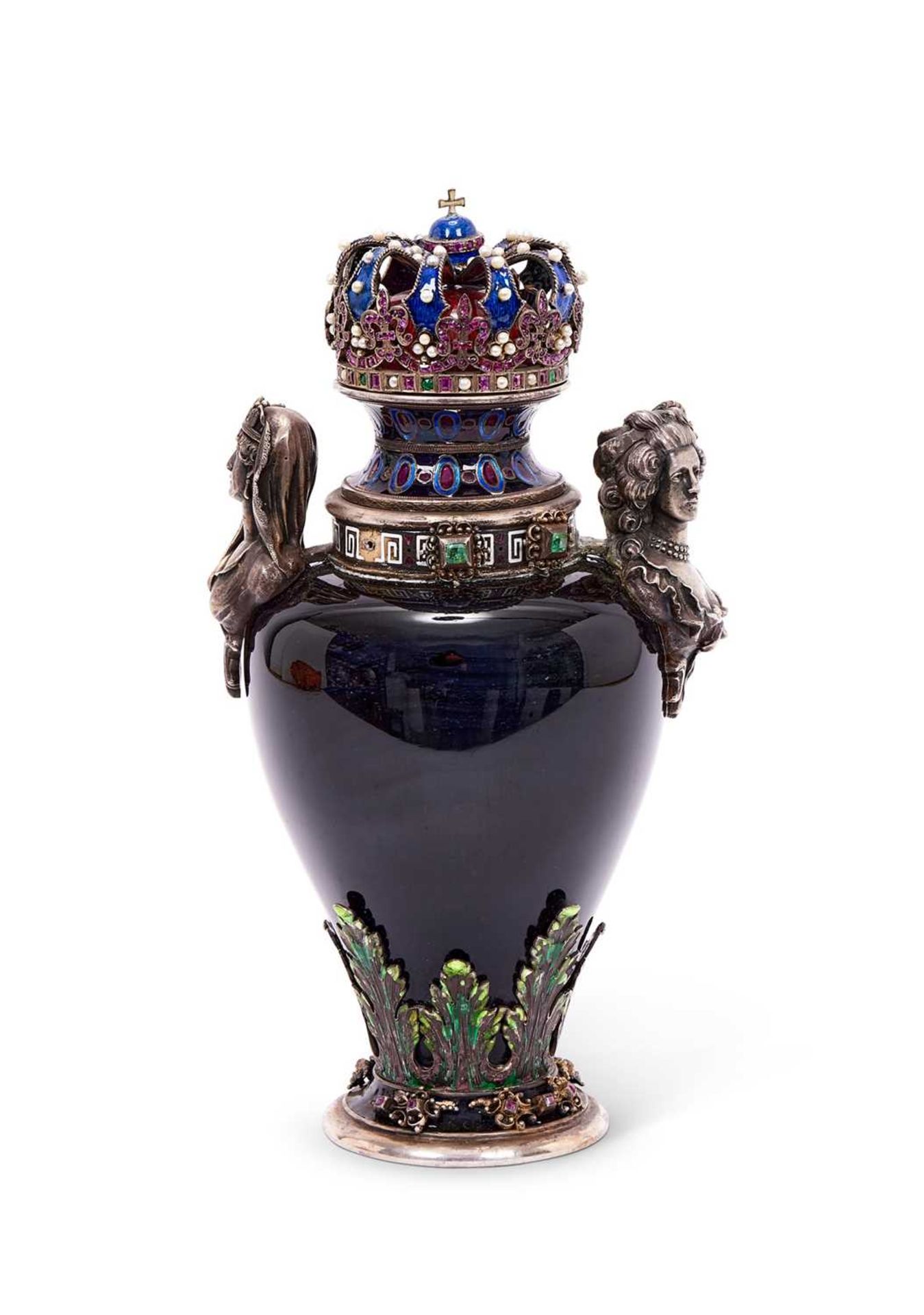 A FINE 19TH CENTURY VIENNESE ENAMEL, SILVER AND JEWELLED URN AND COVER OF ROYAL THEME - Image 2 of 12