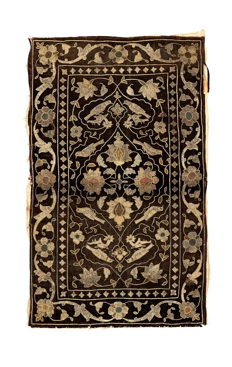 AN EARLY 19TH CENTURY OTTOMAN VELVET AND METAL THREAD TEXTILE, PERSIAN