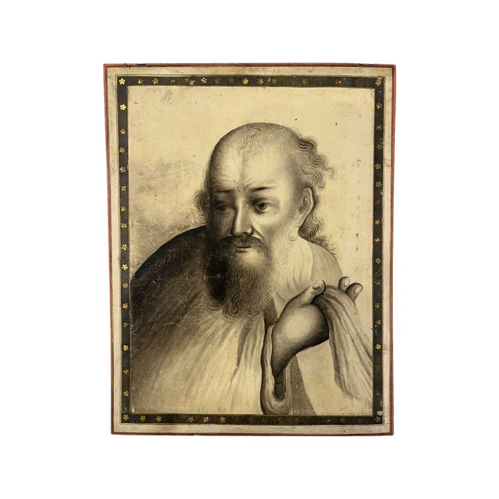 AN 18TH / 19TH CENTURY PERSIAN PEN AND INK DRAWING OF A BEARDED MAN, SAHEB ZAMAN