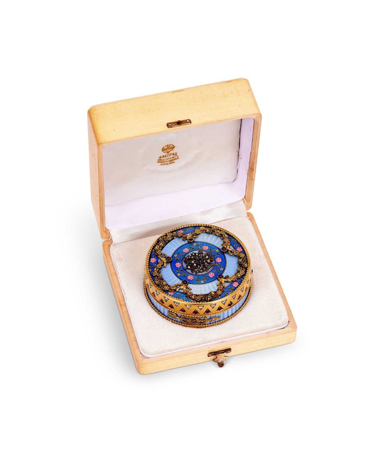 A FABERGE STYLE SILVER GILT, GUILLOCHE ENAMEL AND DIAMOND MOUNTED PILL BOX - Image 2 of 2