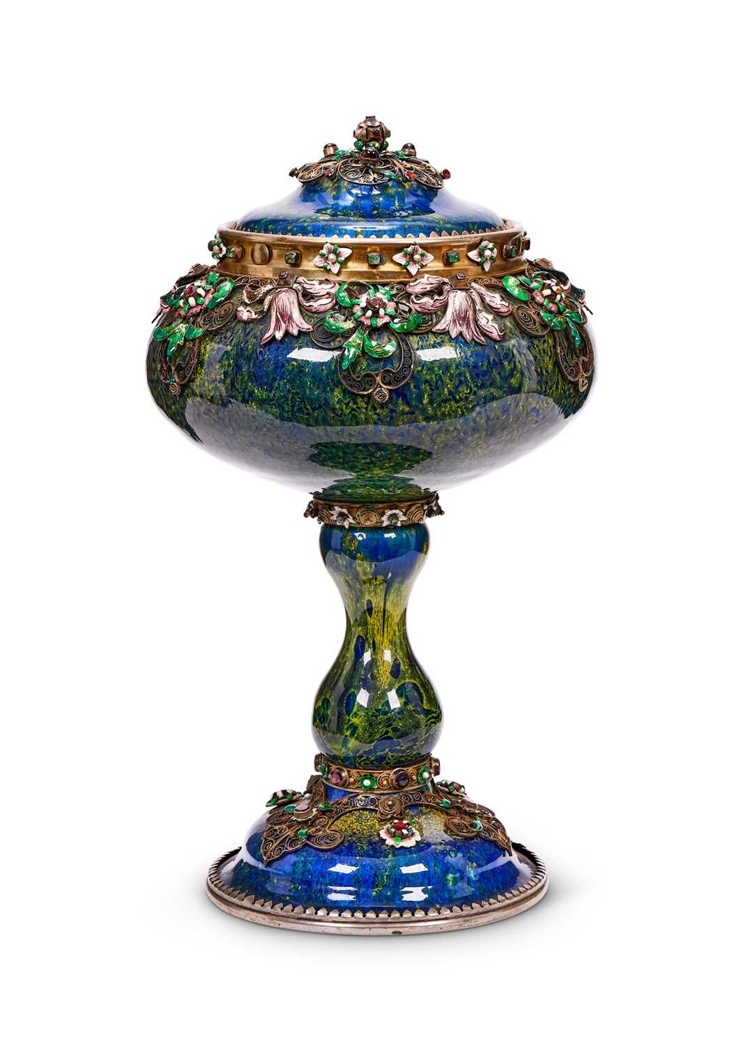 A LARGE EMERALD, GARNET, AND ENAMEL MOUNTED SILVER GILT URN, AUSTRIAN C. 1900