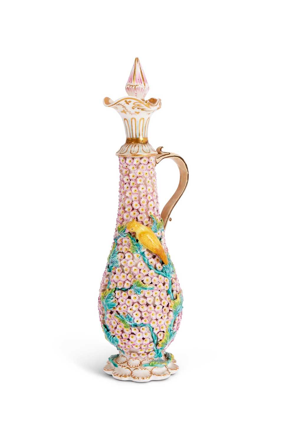 A 19TH CENTURY MEISSEN FLOWER ENCRUSED BOTTLE AND STOPPER