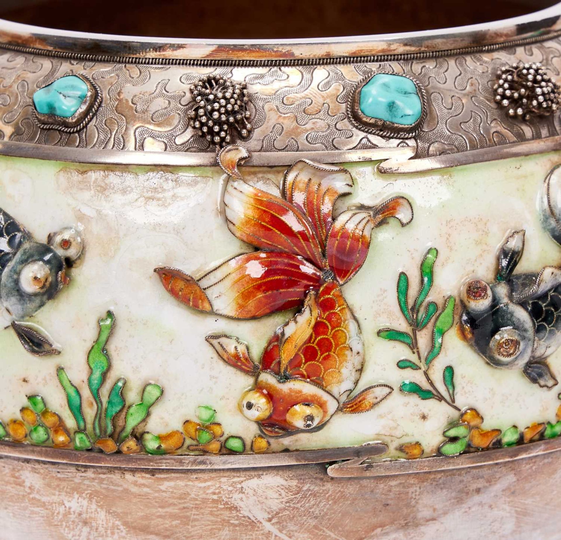 A SILVER, ENAMEL, JADE AND TURQUOISE MOUNTED BOWL, CHINESE, CIRCA 1900 - Image 3 of 3