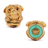A FABERGE STYLE SILVER GILT, DIAMOND AND GUILLOCHE ENAMEL MOUNTED PILL BOX MODELLED AS A BULLDOG