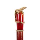 A SILVER GILT, AGATE AND GEM SET RUSSIAN STYLE WALKING CANE