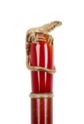 A SILVER GILT, AGATE AND GEM SET RUSSIAN STYLE WALKING CANE