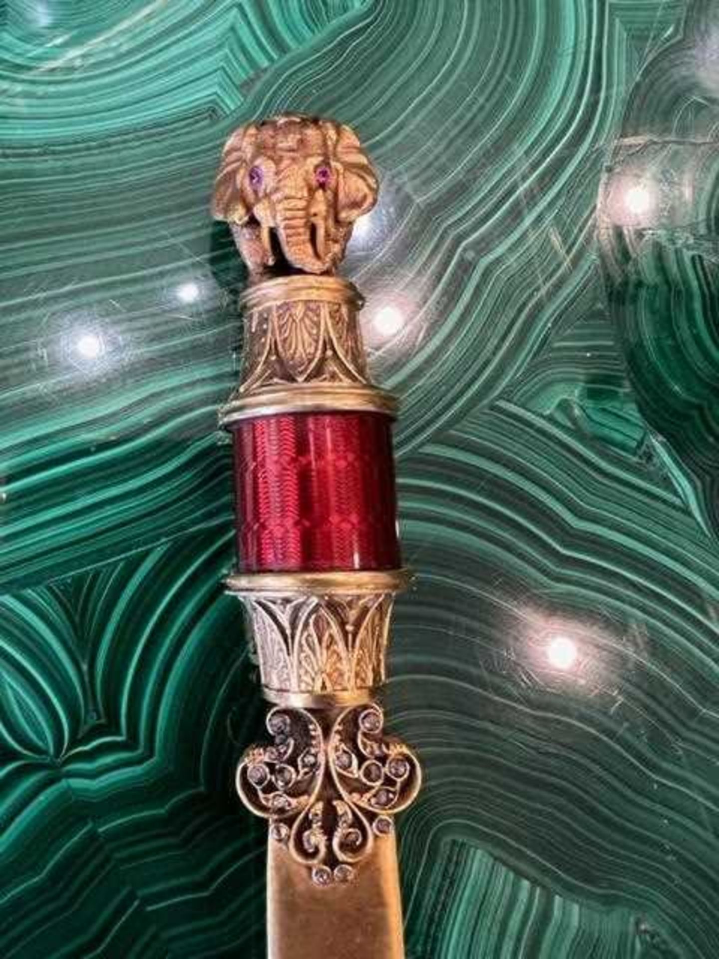 A FABERGE STYLE SILVER GILT, DIAMOND SET AND ENAMELLED LETTER OPENER DECORATED WITH AN ELEPHANT - Image 14 of 17
