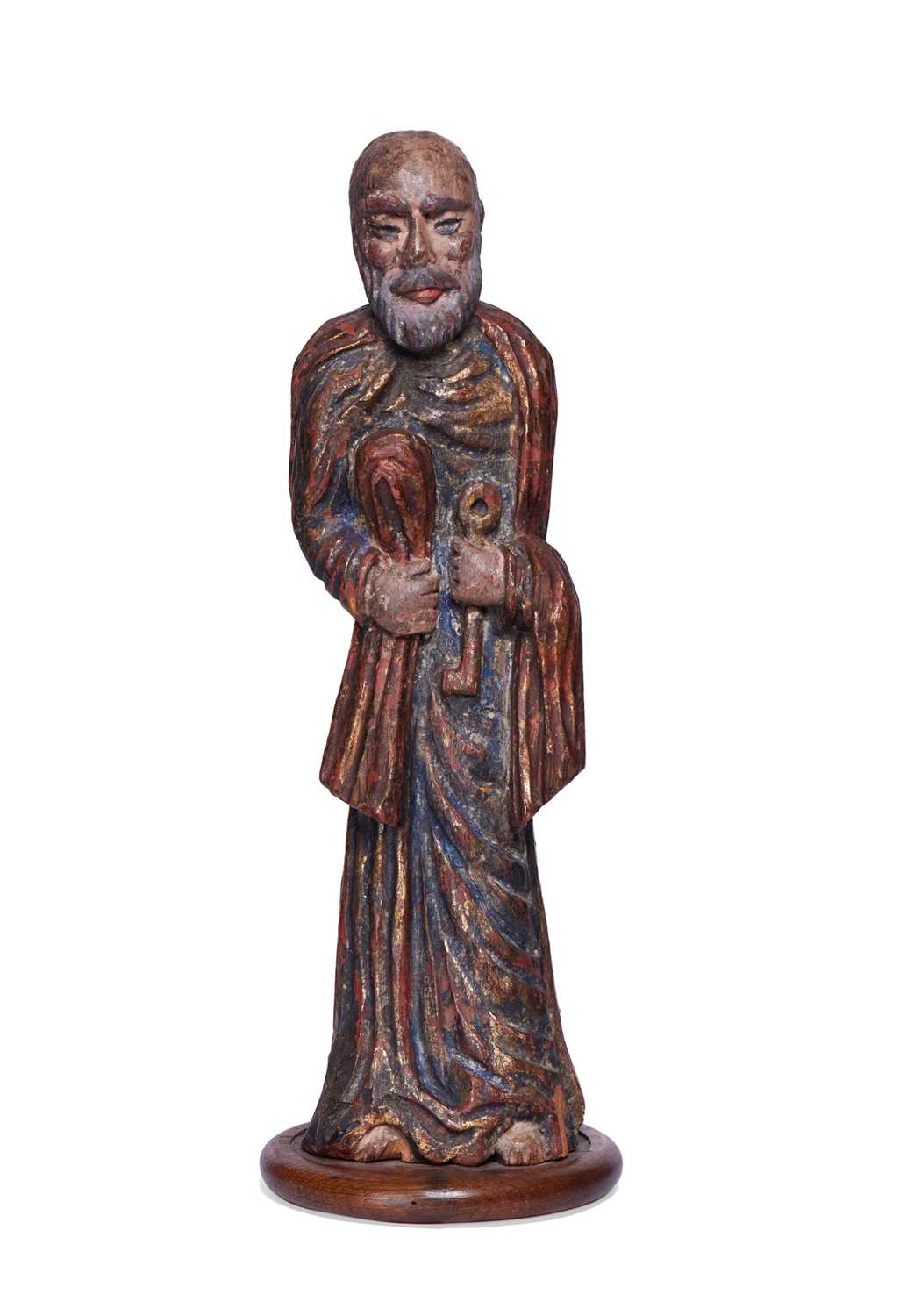 AN 18TH / 19TH CENTURY SPANISH COLONIAL PARCEL GILT FIGURE OF ST PETER