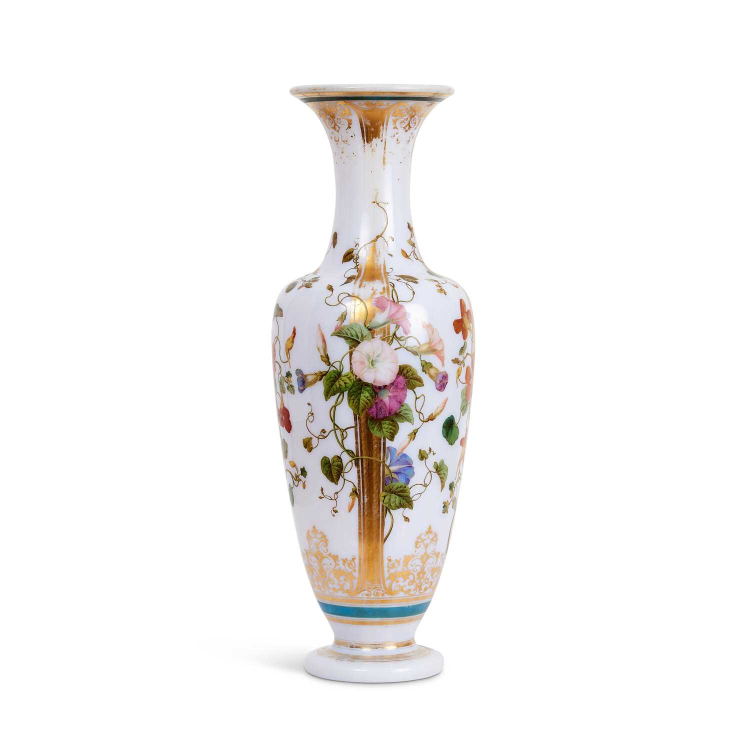 ATTRIBUTED TO BACCARAT: A MID 19TH CENTURY OPALINE GLASS VASE DECORATED WITH FLOWERS - Image 2 of 3