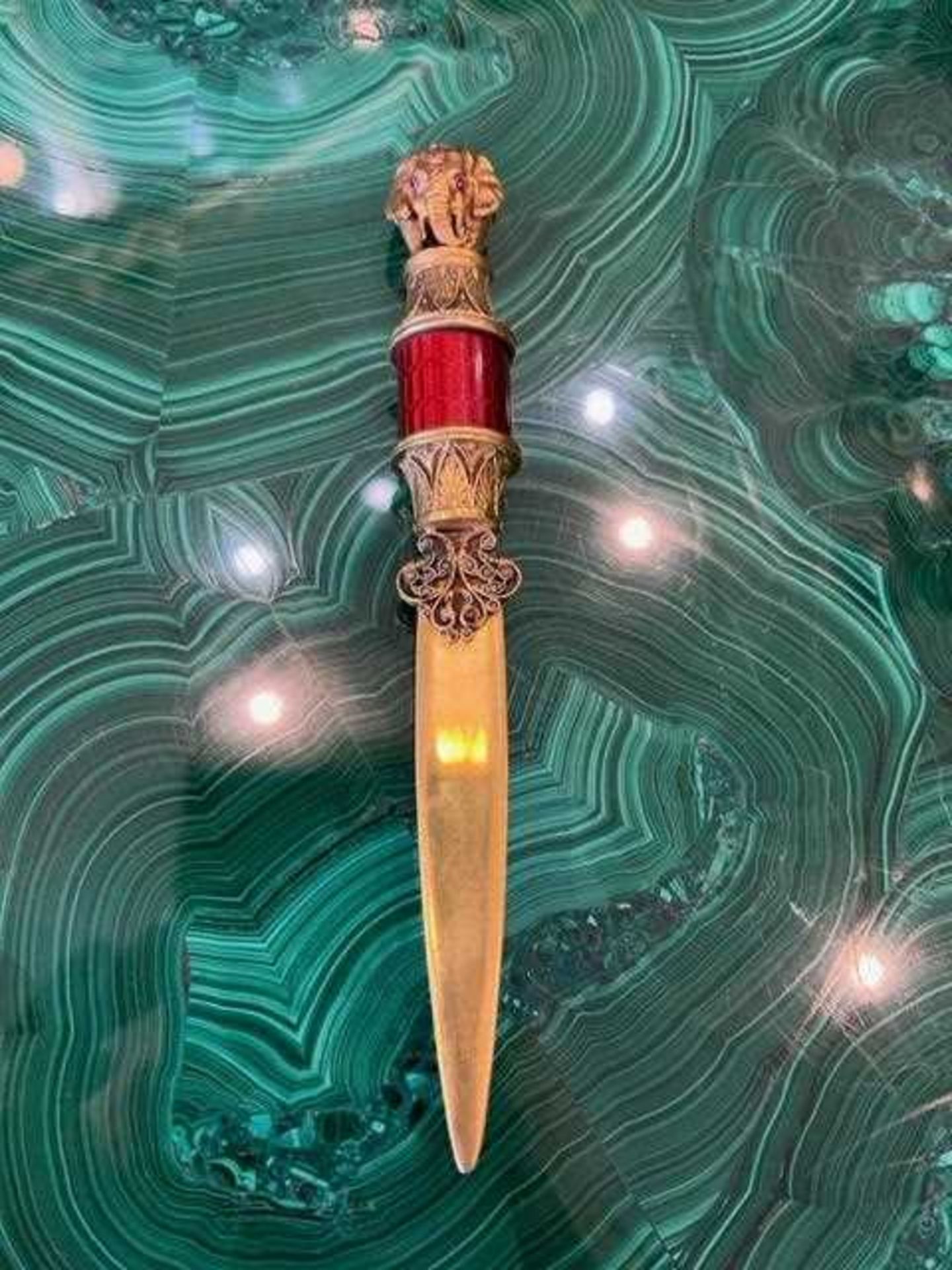 A FABERGE STYLE SILVER GILT, DIAMOND SET AND ENAMELLED LETTER OPENER DECORATED WITH AN ELEPHANT - Image 10 of 17