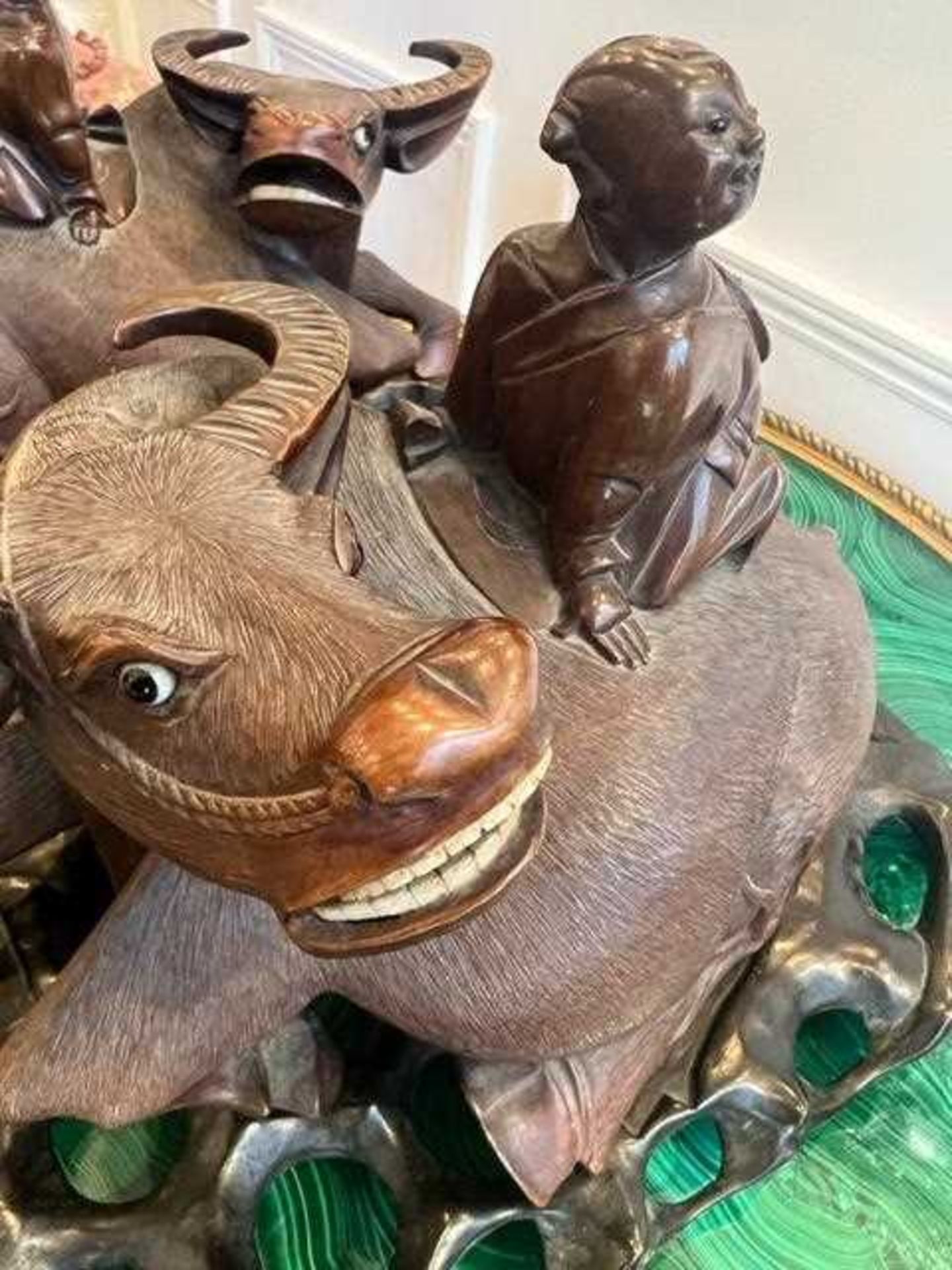 A PAIR OF QING DYNASTY CHINESE CARVED HARDWOOD GROUPS OF WATER BUFFALO WITH MEN - Image 13 of 13