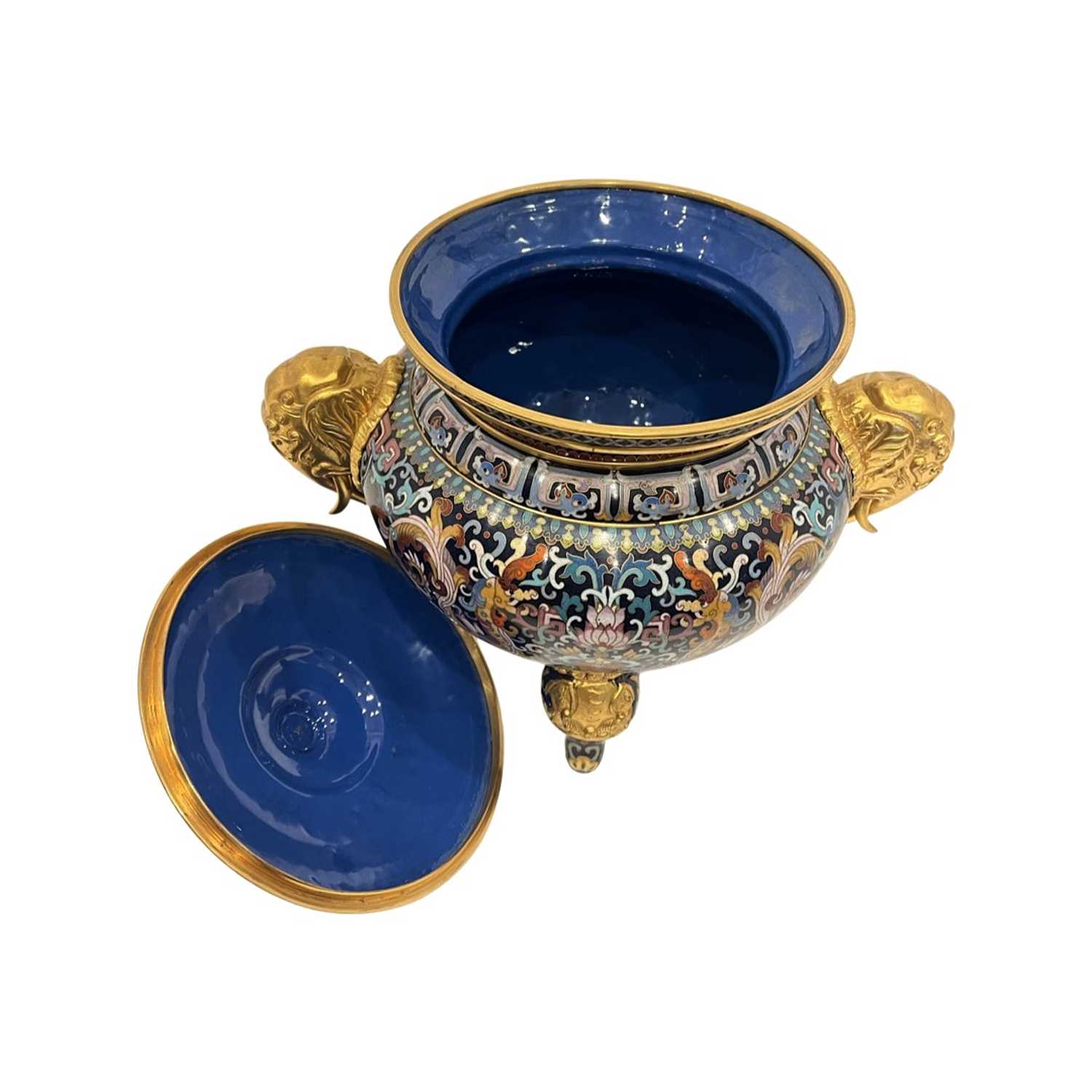 A CHINESE CLOISONNE ENAMEL AND ORMOUL MOUNTED TRIPOD CENSER - Image 2 of 5