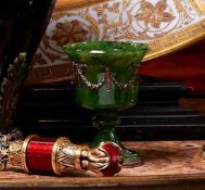 A FABERGE STYLE NEPHRITE AND SILVER MOUNTED MINIATURE CUP