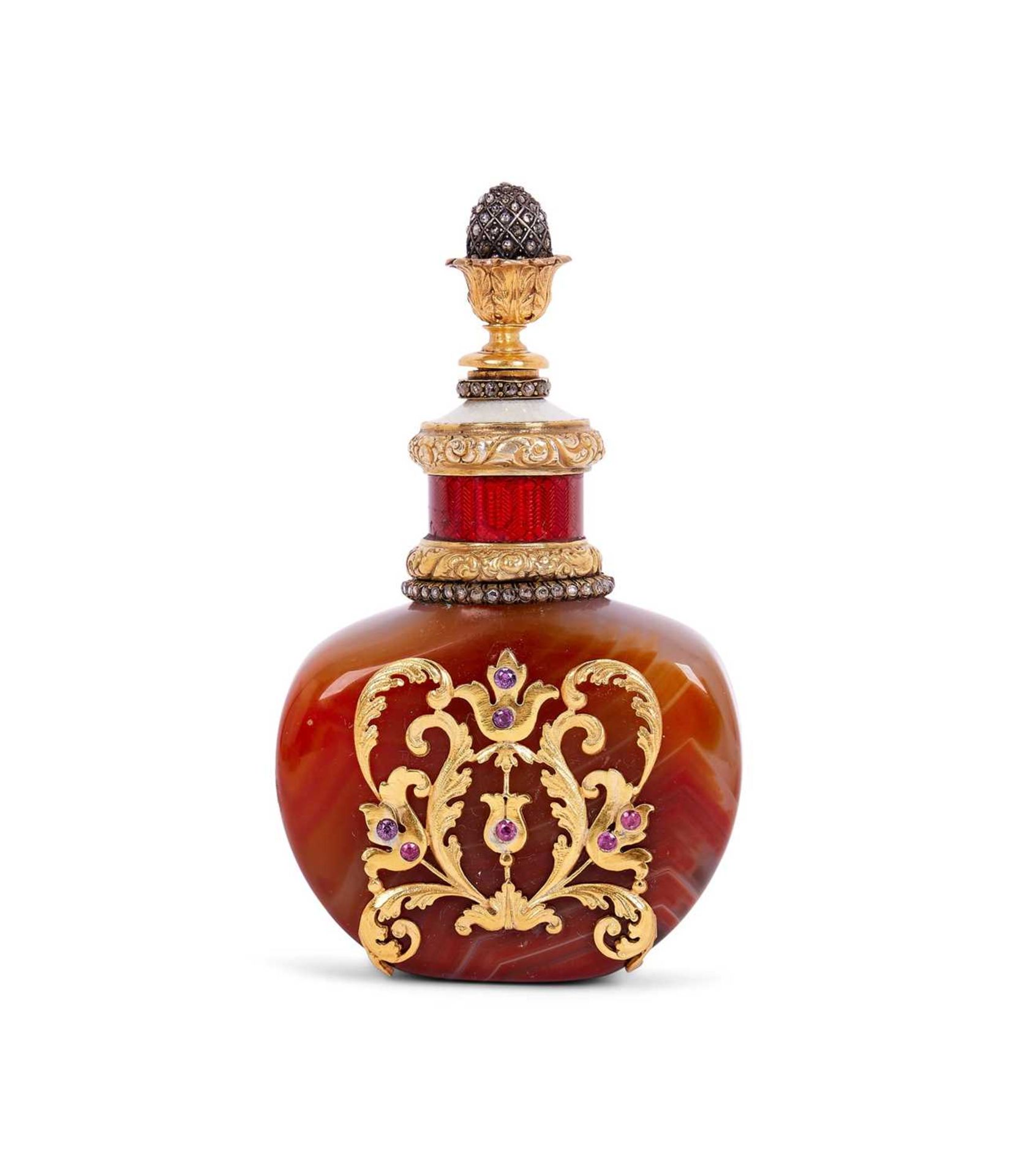 A FABERGE STYLE SILVER GILT, DIAMOND AND ENAMEL MOUNTED AGATE PERFUME BOTTLE - Image 2 of 14