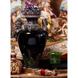 A FINE 19TH CENTURY VIENNESE ENAMEL, SILVER AND JEWELLED URN AND COVER OF ROYAL THEME