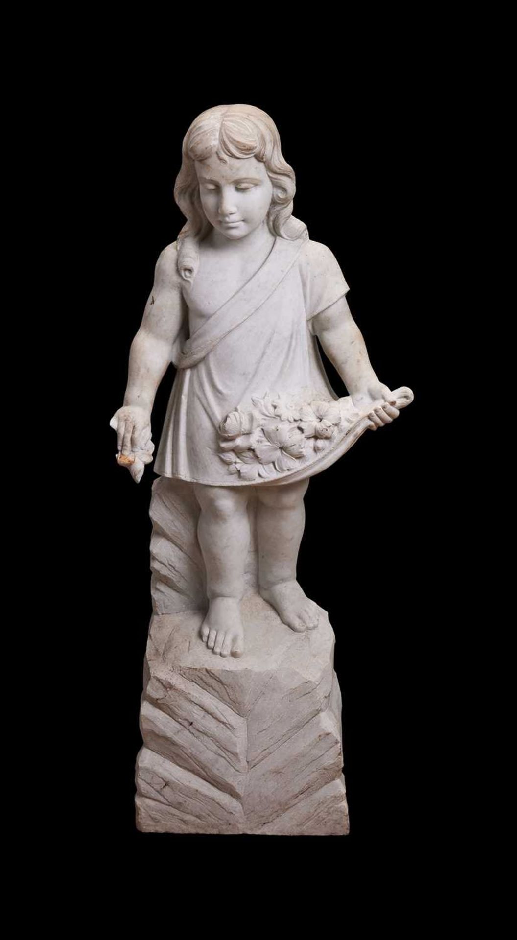 A MARBLE FIGURE OF A YOUNG GIRL WITH FLOWERS