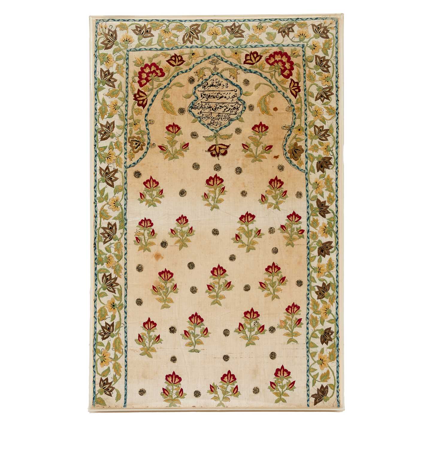 AN 18TH CENTURY INDIAN MUGHAL EMBROIDERED PANEL WITH QURANIC INSCRIPTIONS