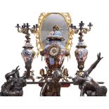 MANNER OF EDOUARD LIEVRE: AN IMPRESSIVE JAPONISME PORCELAIN AND ORMOLU CLOCK GARNITURE