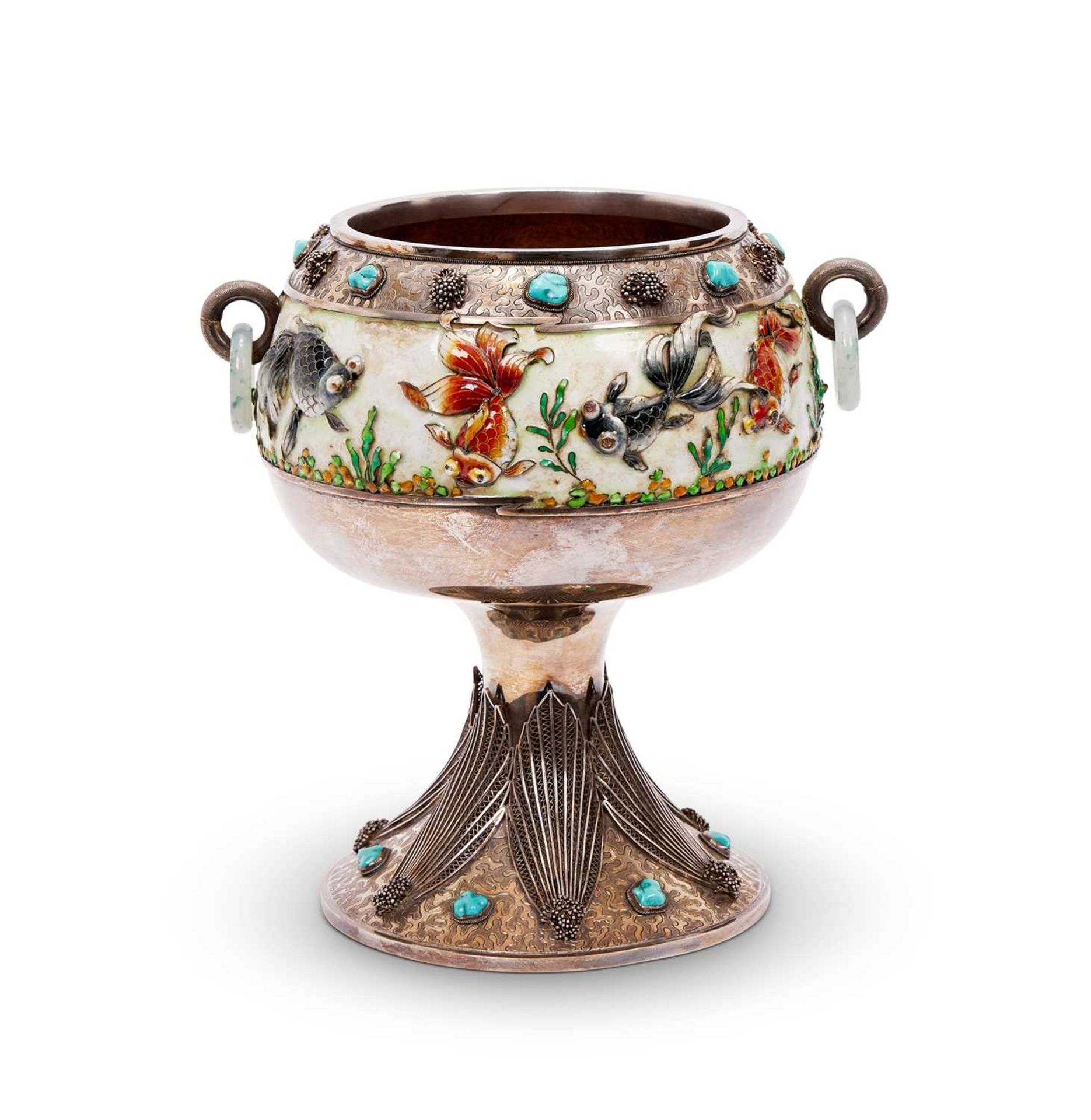 A SILVER, ENAMEL, JADE AND TURQUOISE MOUNTED BOWL, CHINESE, CIRCA 1900