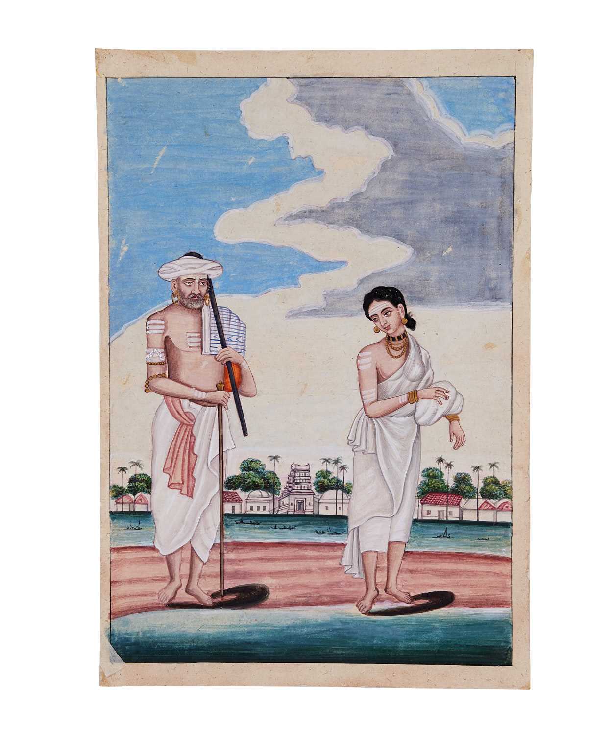 COMPANY SCHOOL, INDIA: A LATE 18TH / EARLY 19TH CENTURY WATERCOLOUR OF A BRAHMIN AND HIS WIFE