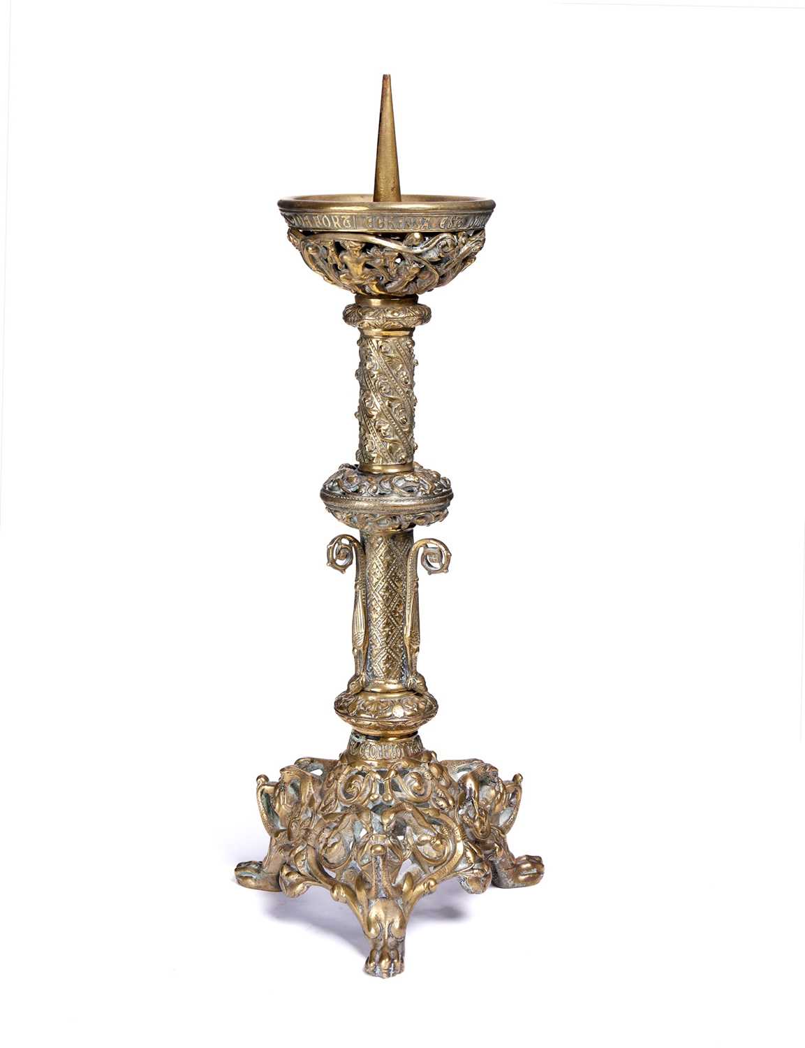 A 19TH CENTURY GILT BRONZE MEDIEVAL STYLE PRICKET CANDLESTICK